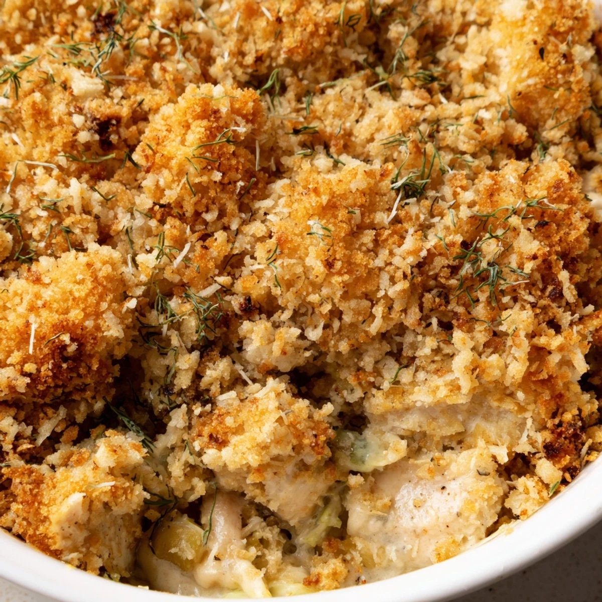 Creamy chicken kiev casserole topped with crunchy panko and melted Parmesan cheese