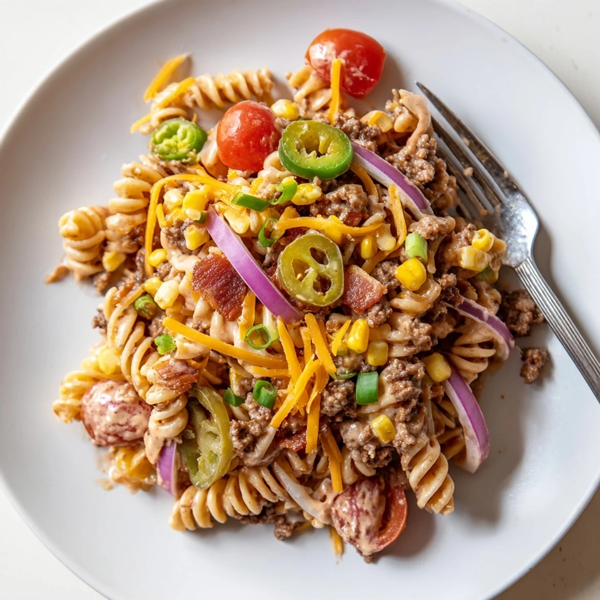 Cowboy Pasta Salad loaded with ground beef, bacon, and corn in a creamy BBQ ranch dressing
