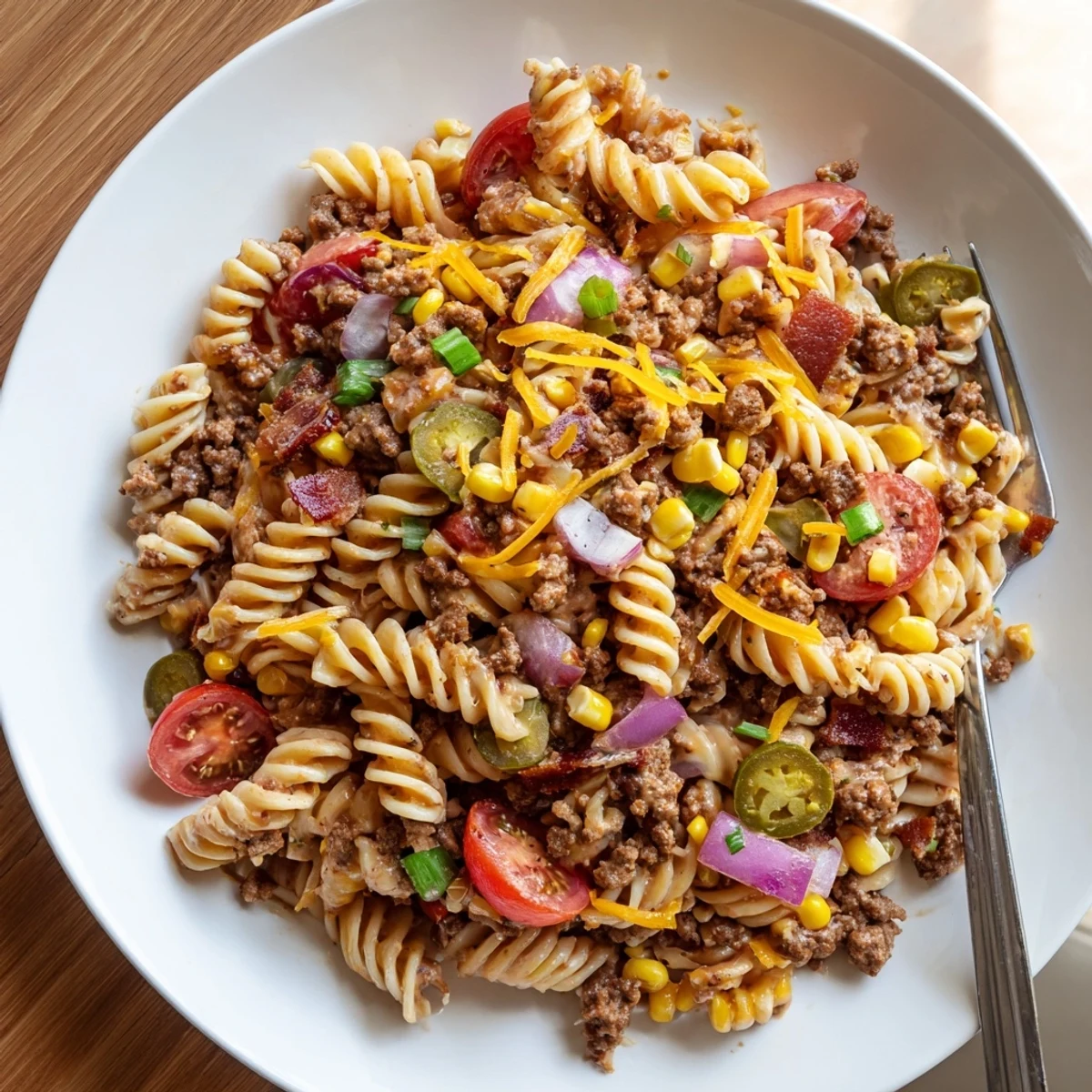 A rustic bowl of Cowboy Pasta Salad topped with melty cheddar and crispy bacon bits