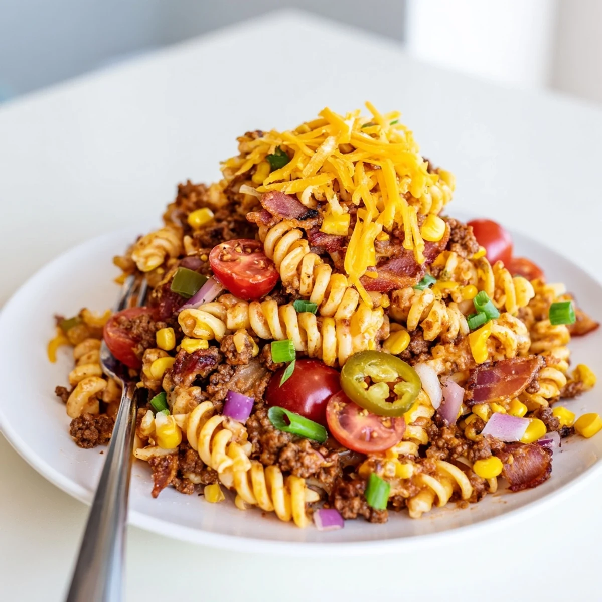 Colorful Cowboy Pasta Salad featuring tender rotini, juicy tomatoes, and tangy BBQ ranch drizzle