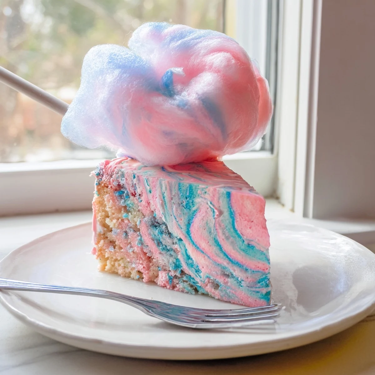A slice of cotton candy cake recipe with pastel pink and blue swirled buttercream frosting topped with fluffy cotton candy