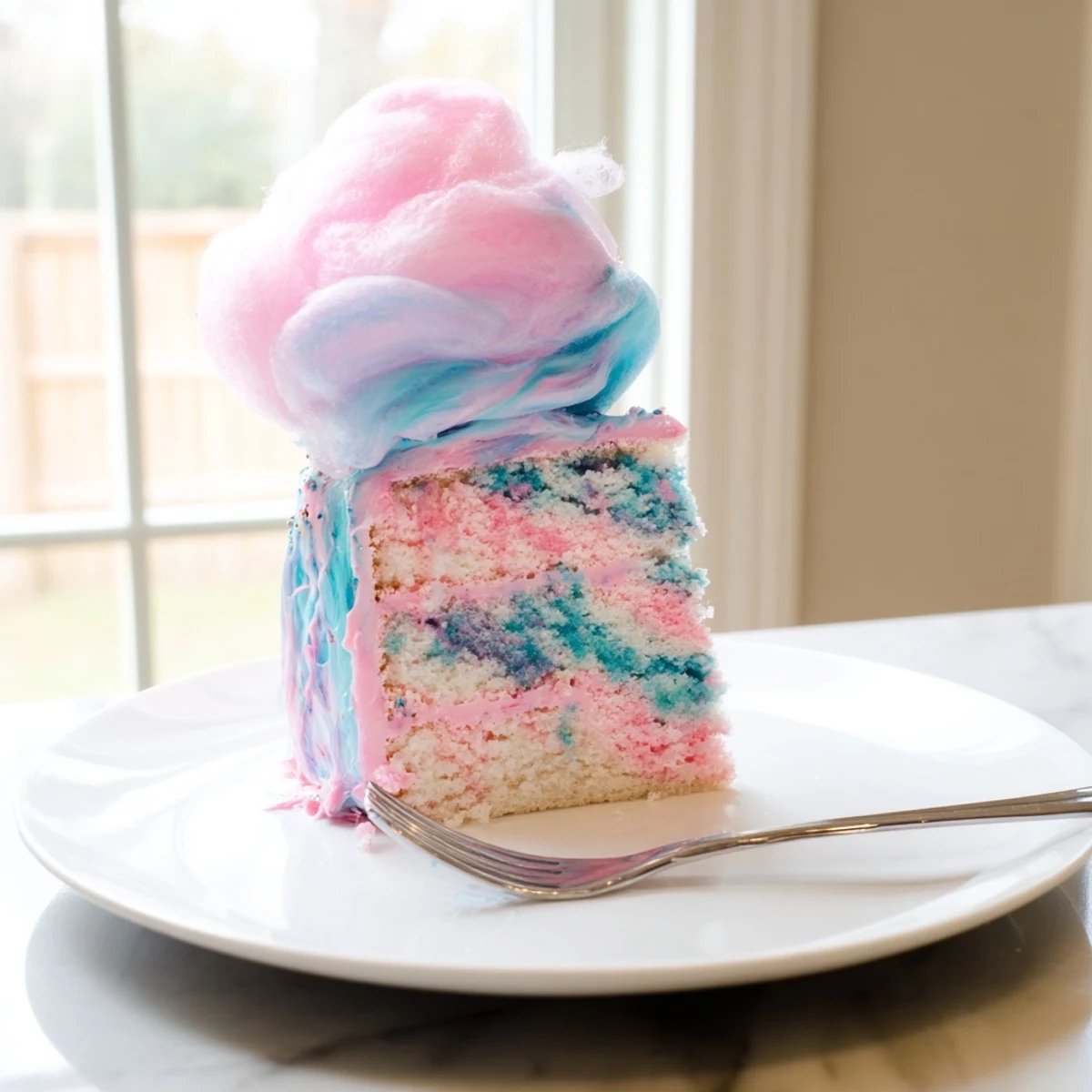 Cotton candy cake recipe layered with marbled vanilla sponge and clouds of sweet pastel cotton candy garnish