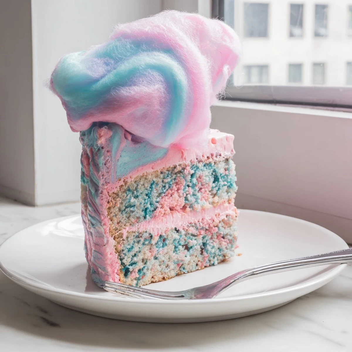 A festive cotton candy cake recipe towering with swirled pink blue buttercream crowned with wispy cotton candy