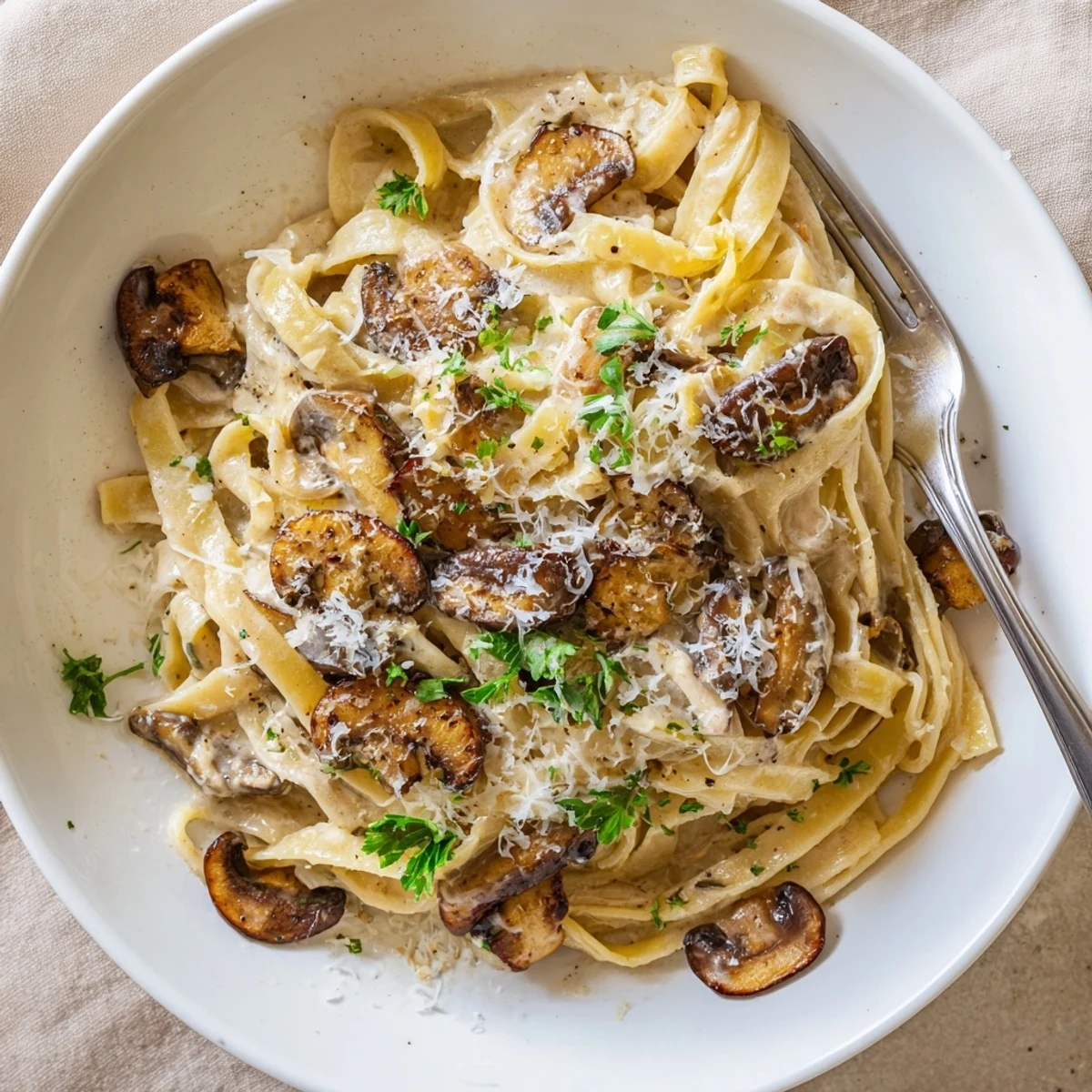 Creamy brown butter mushroom pasta plated with golden caramelized mushrooms and fresh parsley