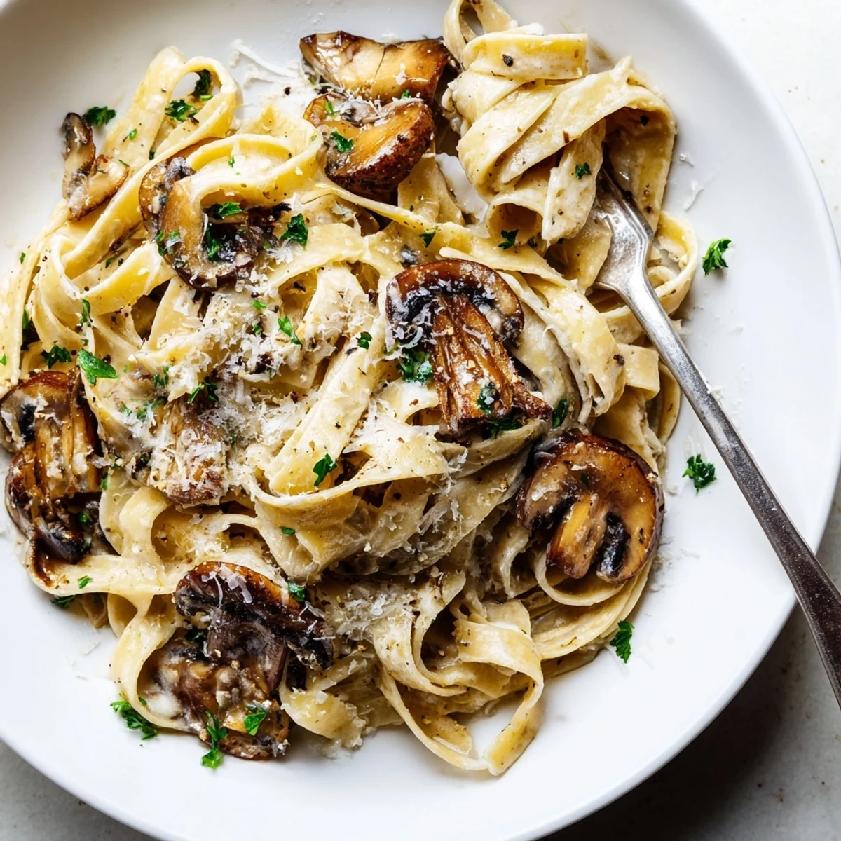 Steaming bowl of creamy brown butter mushroom pasta topped with shaved parmesan cheese