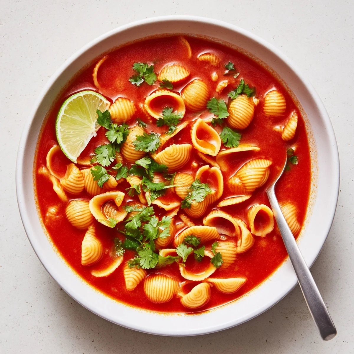 Steaming bowl of sopa de conchas with golden shell pasta in rich tomato broth
