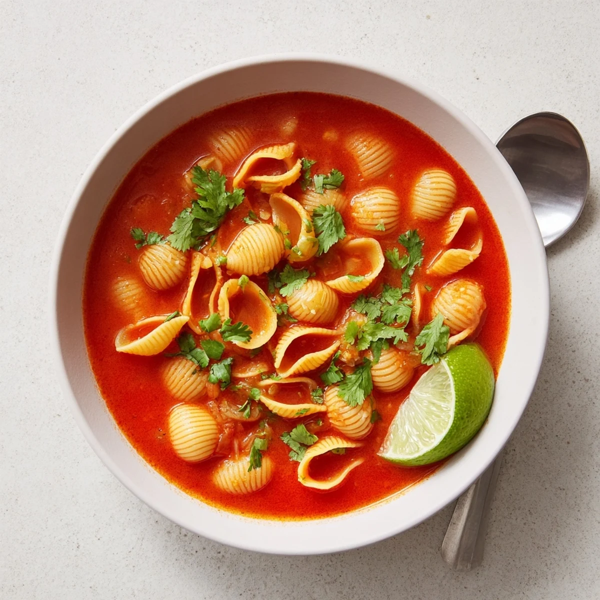 Sopa de conchas topped with fresh cilantro and a bright lime wedge