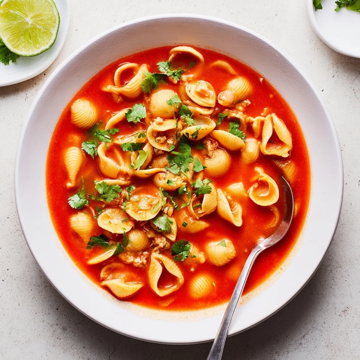 Toasted shell pasta swimming in vibrant red tomato broth in this comforting sopa de conchas