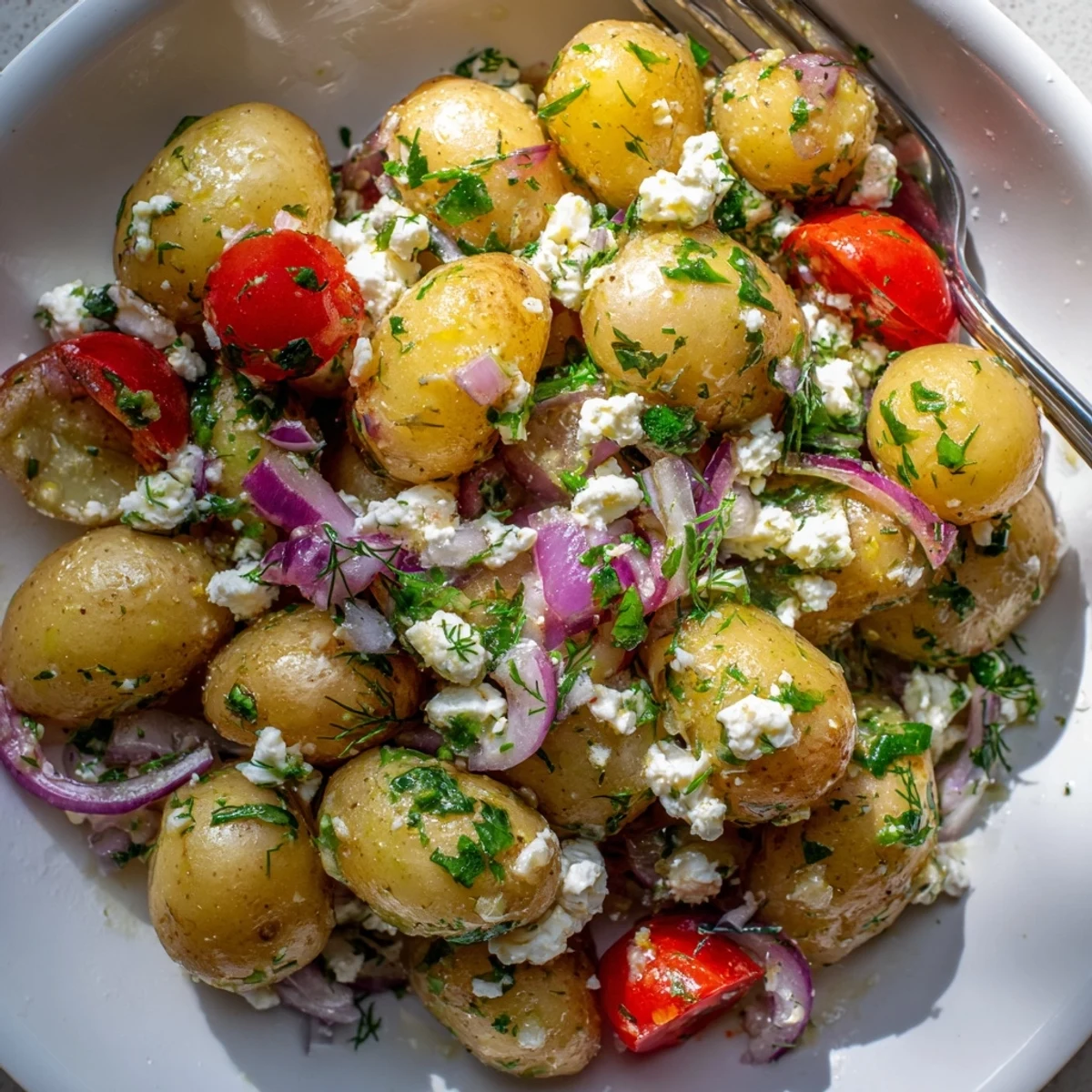 Creamy potato and feta salad topped with fresh herbs and juicy cherry tomatoes