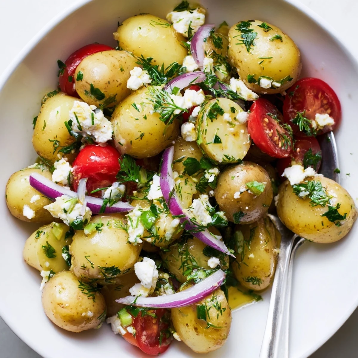Golden tender potatoes tossed with crumbled feta in a bright lemon herb dressing
