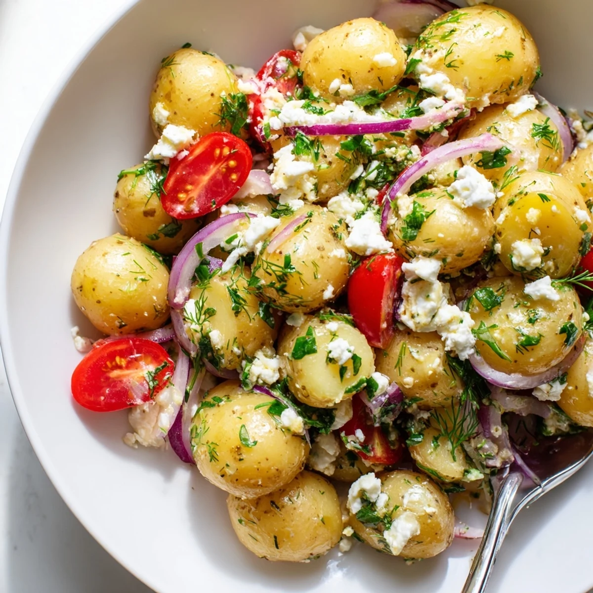 Warm potato and feta salad served in a rustic bowl with fresh dill garnish