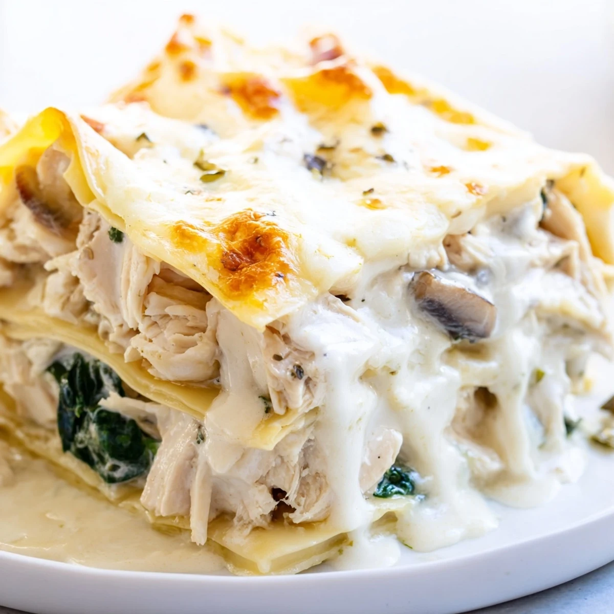 Golden bubbling white chicken lasagna with melted mozzarella and fresh herbs