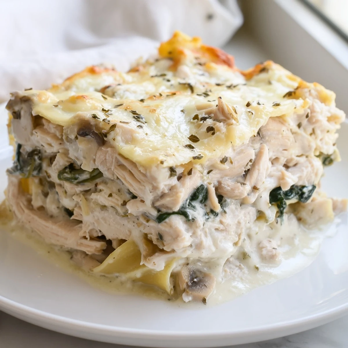Creamy white chicken lasagna sliced revealing tender chicken and gooey cheese layers