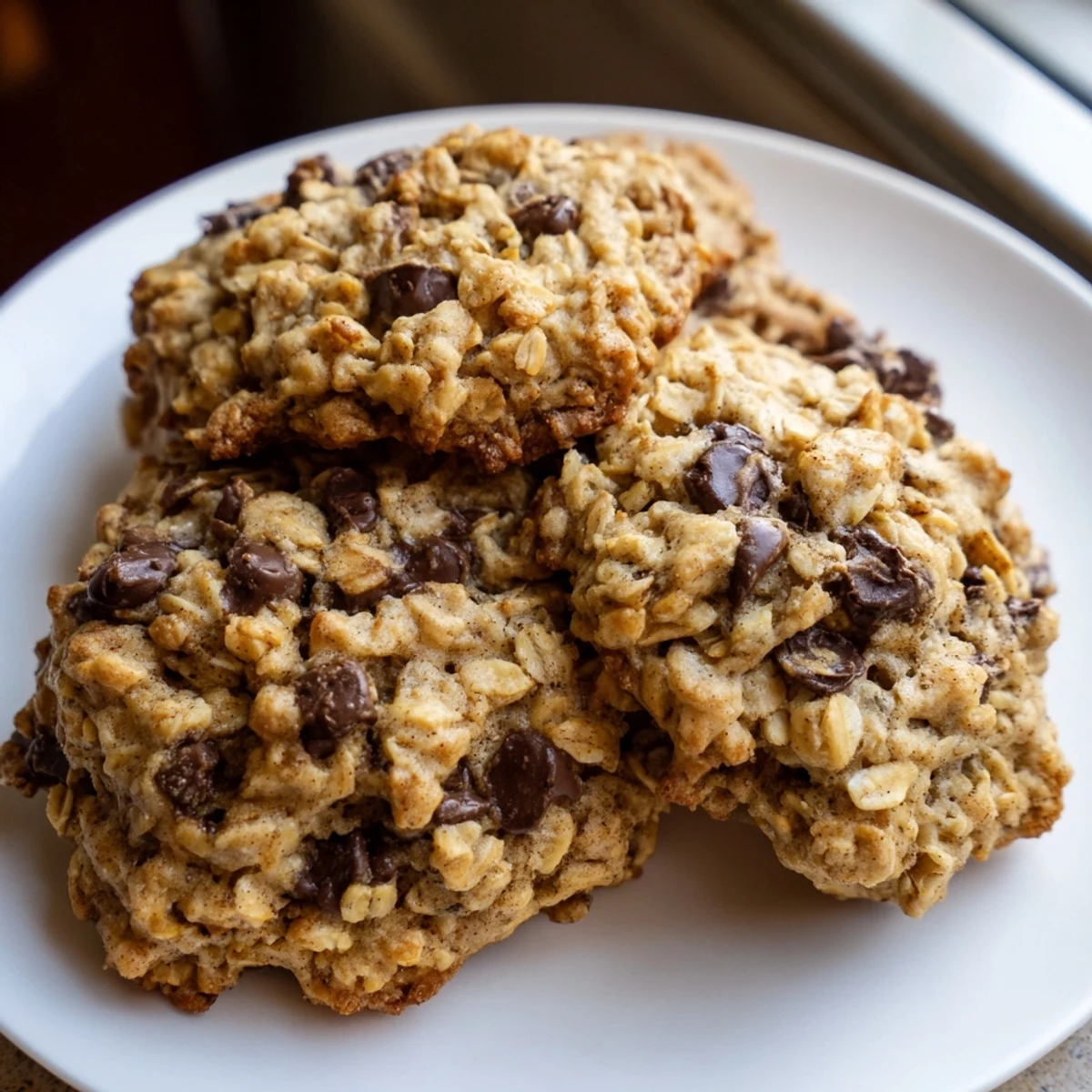 Golden chewy banana oatmeal cookies with chocolate chips on a rustic baking sheet
