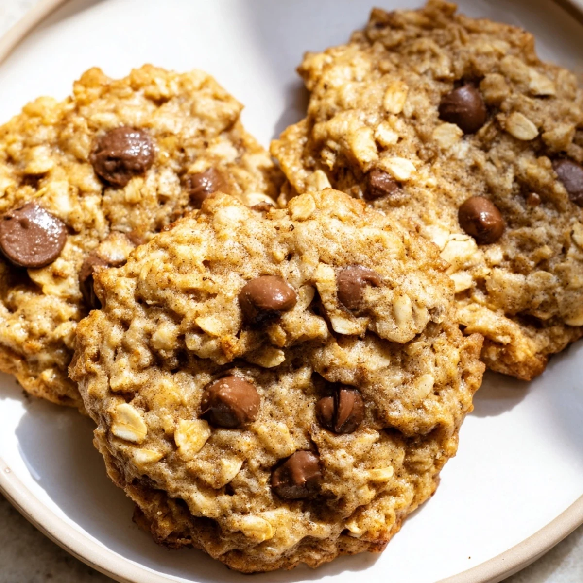 Warm chewy banana oatmeal cookies with visible oats served beside a glass of milk