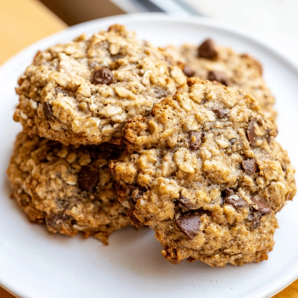 Soft chewy banana oatmeal cookies stacked on a wire cooling rack close-up