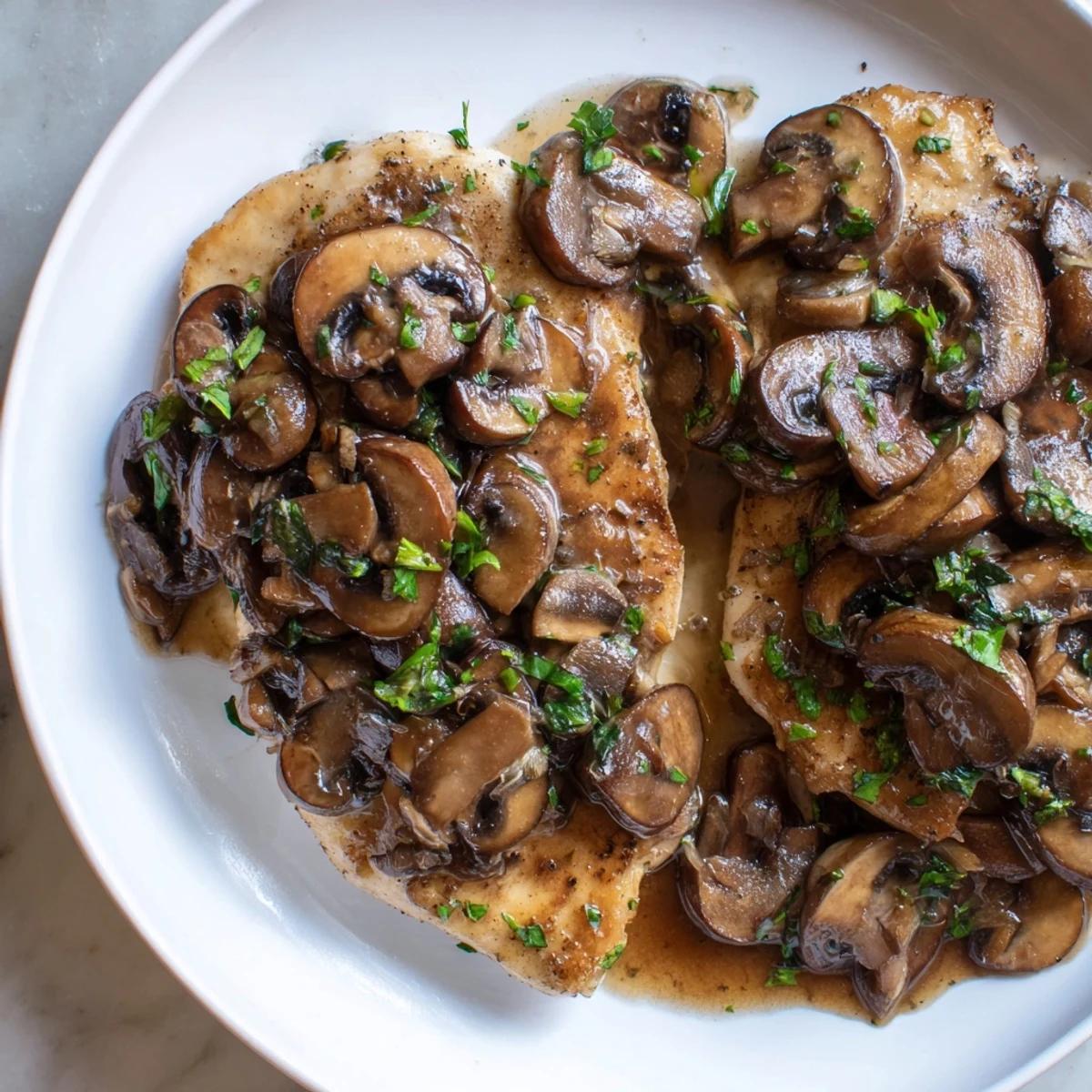 Golden dairy-free Chicken Marsala with earthy mushroom wine sauce in a cast iron skillet