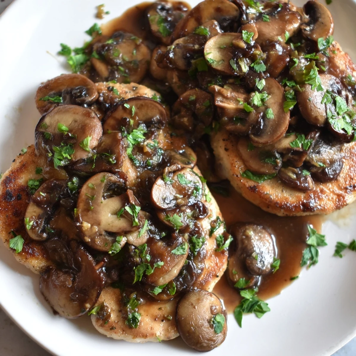 Tender pan-seared Chicken Marsala smothered in a rich glossy Marsala mushroom reduction