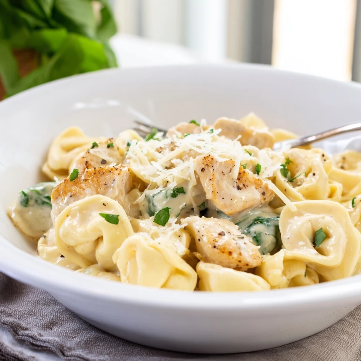 Creamy garlic chicken tortellini with spinach in a golden parmesan sauce