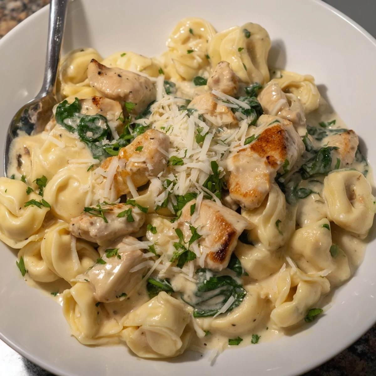 Steaming bowl of creamy garlic chicken tortellini tossed with wilted fresh spinach