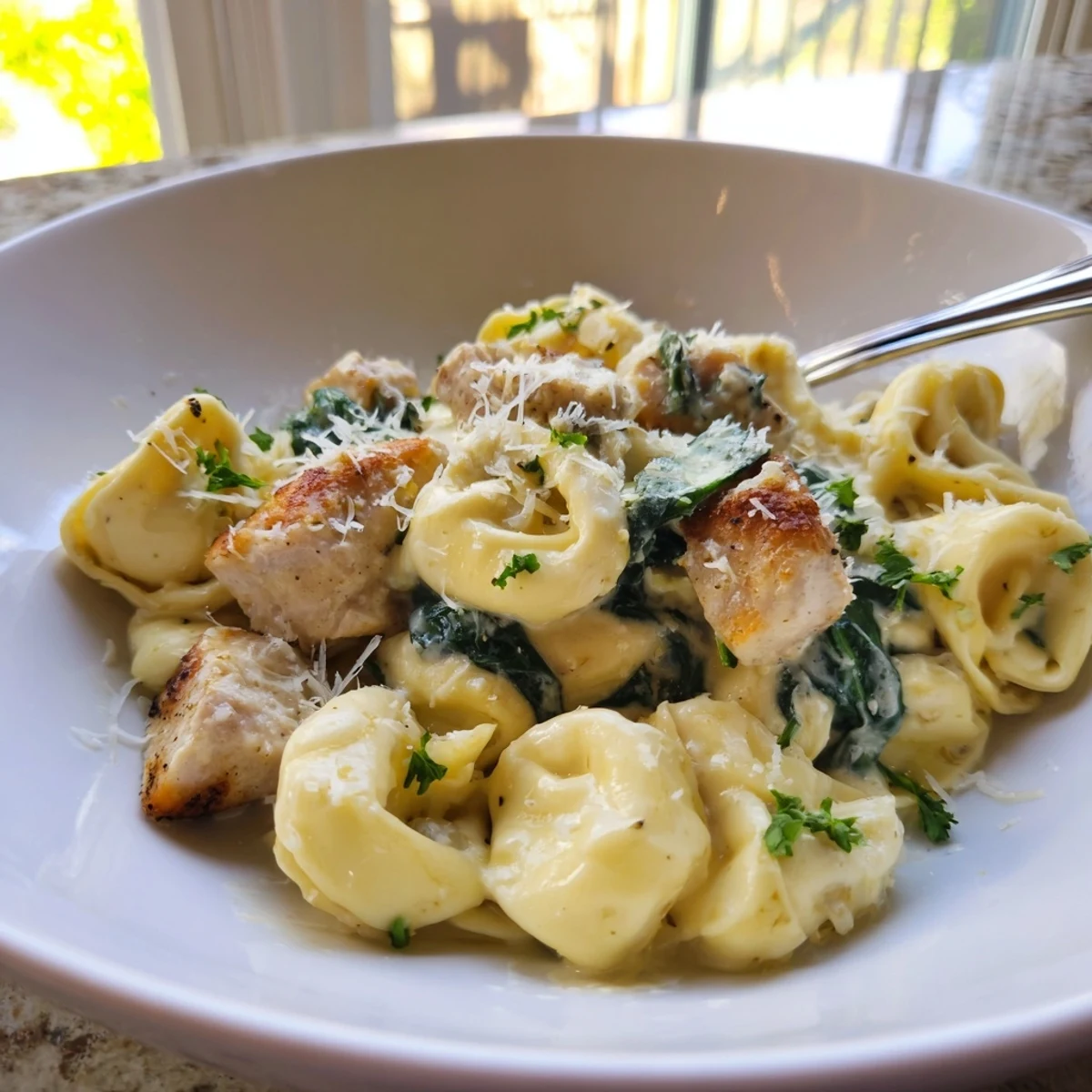 Cheese tortellini and tender chicken coated in a silky creamy garlic spinach sauce
