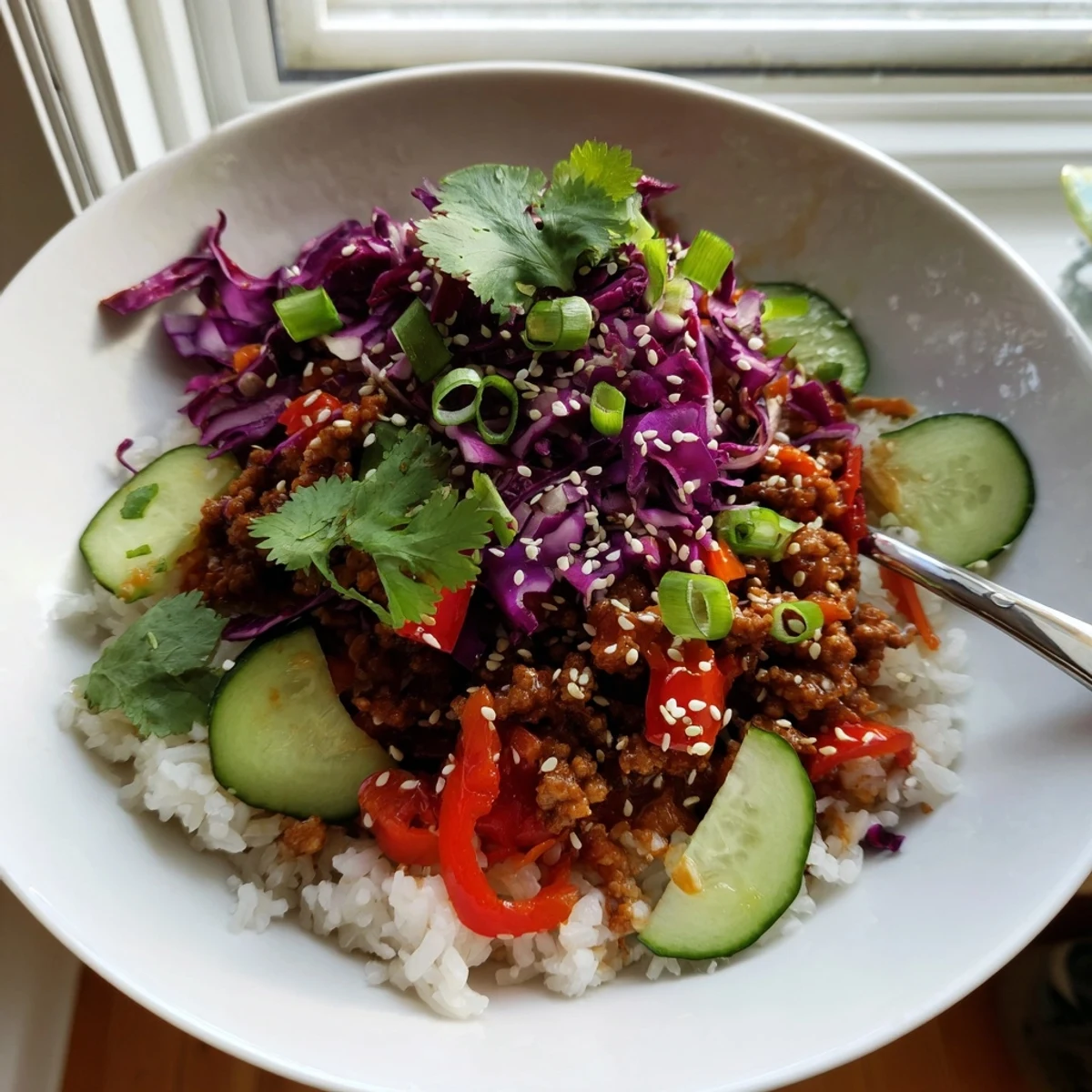 Colorful ground turkey rice bowls topped with crunchy vegetables and sesame seeds on fluffy white rice