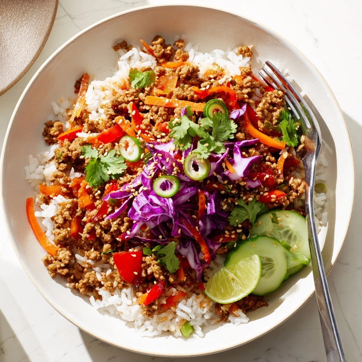 Savory ground turkey rice bowls drizzled with tangy sauce, fresh cilantro, and lime wedges