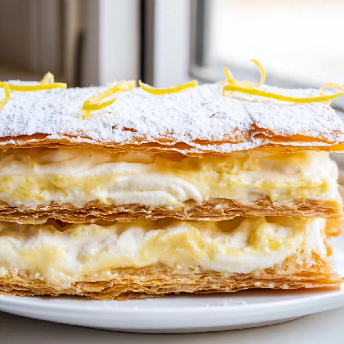 Elegant lemon ricotta puff pastry mille feuille topped with delicate lemon zest curls