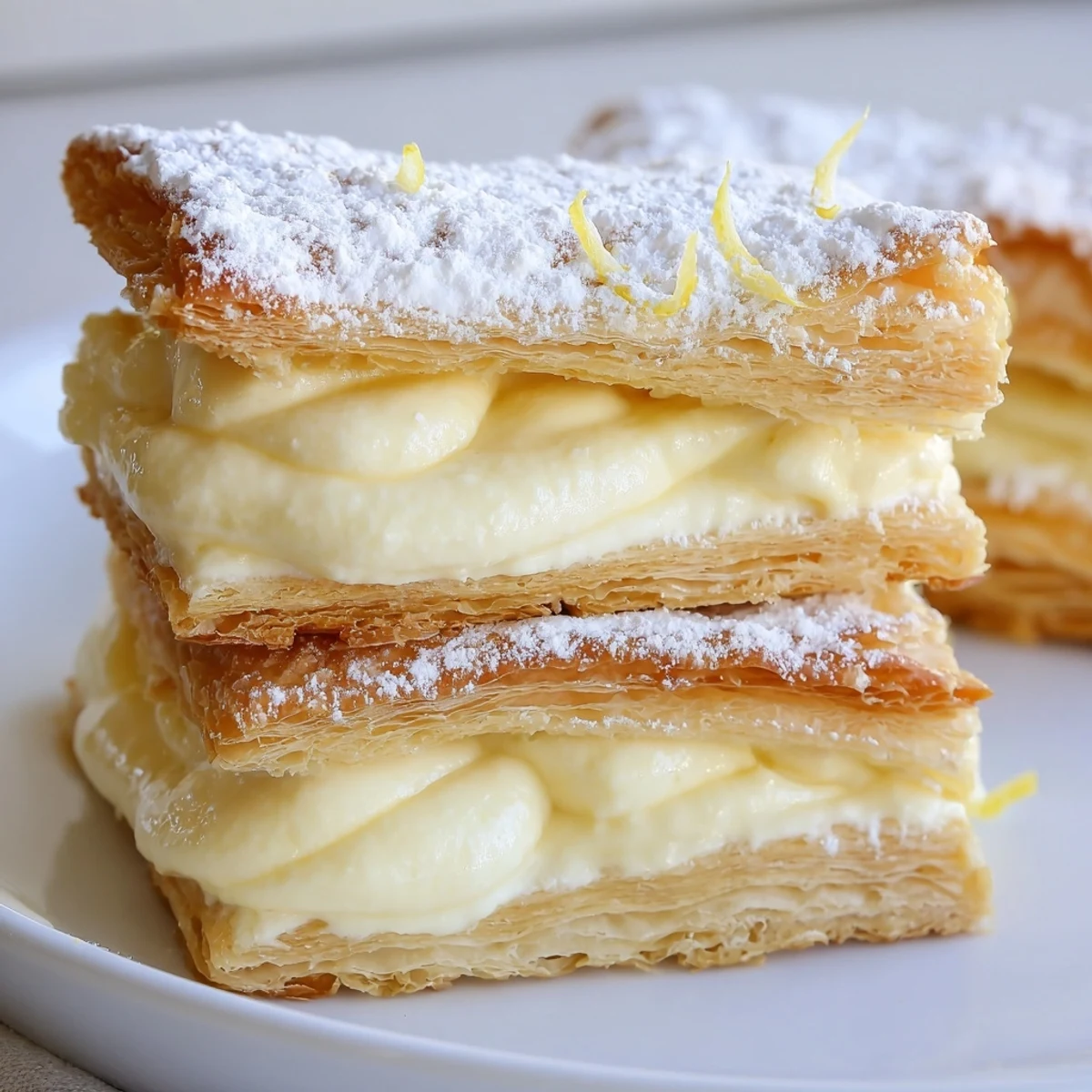 Crispy golden lemon ricotta puff pastry mille feuille dusted with snowy powdered sugar