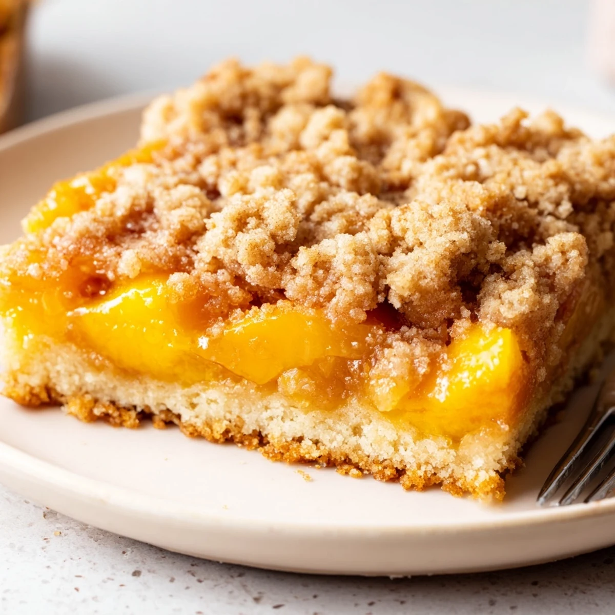 Golden sweet and buttery peach bars with cinnamon streusel on a rustic baking sheet