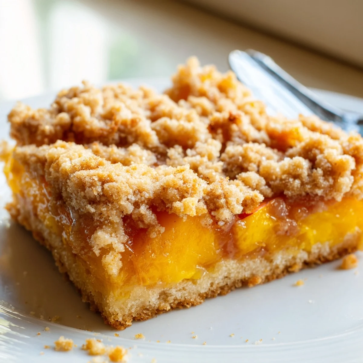 Warm sweet and buttery peach bars with cinnamon streusel topped with vanilla ice cream