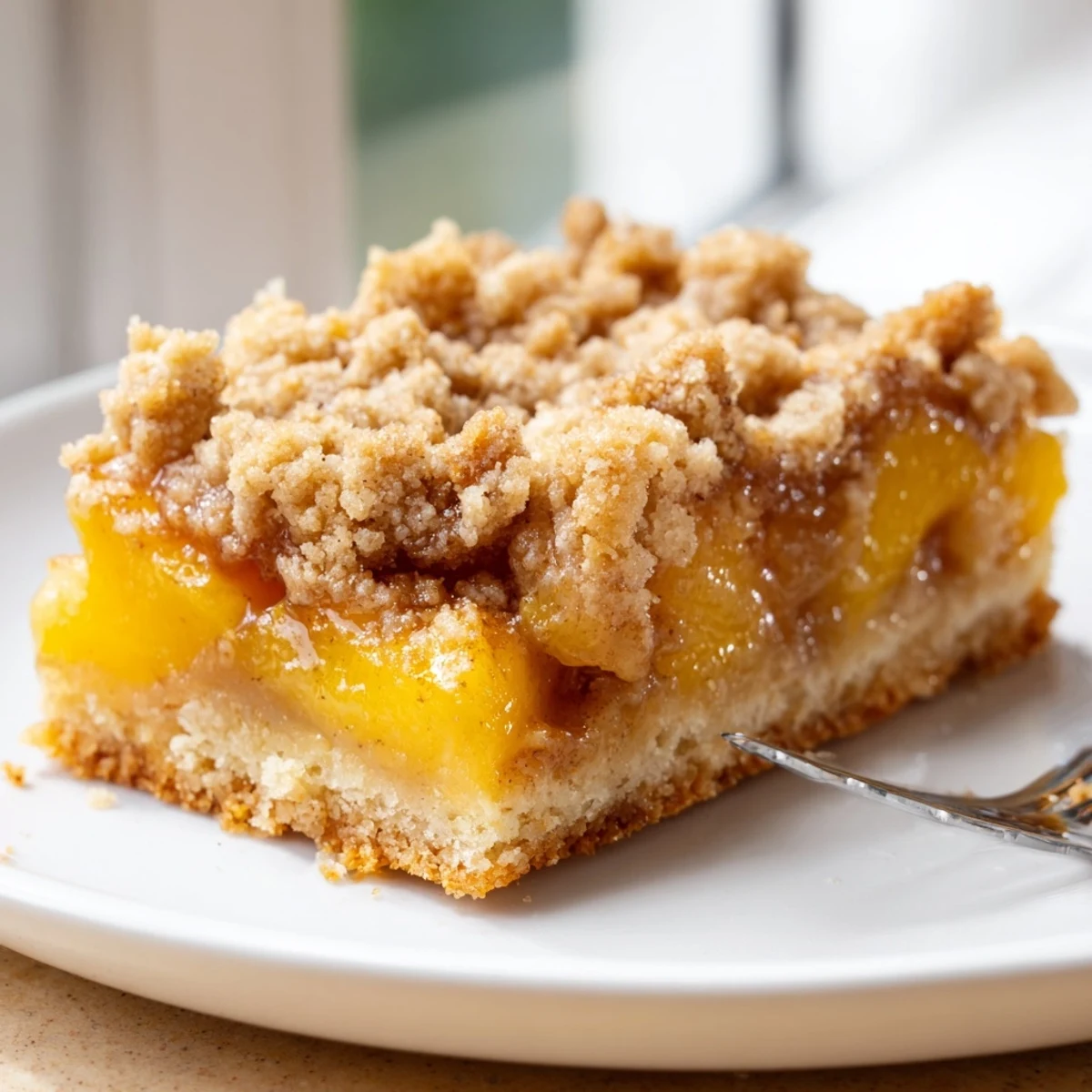 Chewy sweet and buttery peach bars with cinnamon streusel cut into neat squares