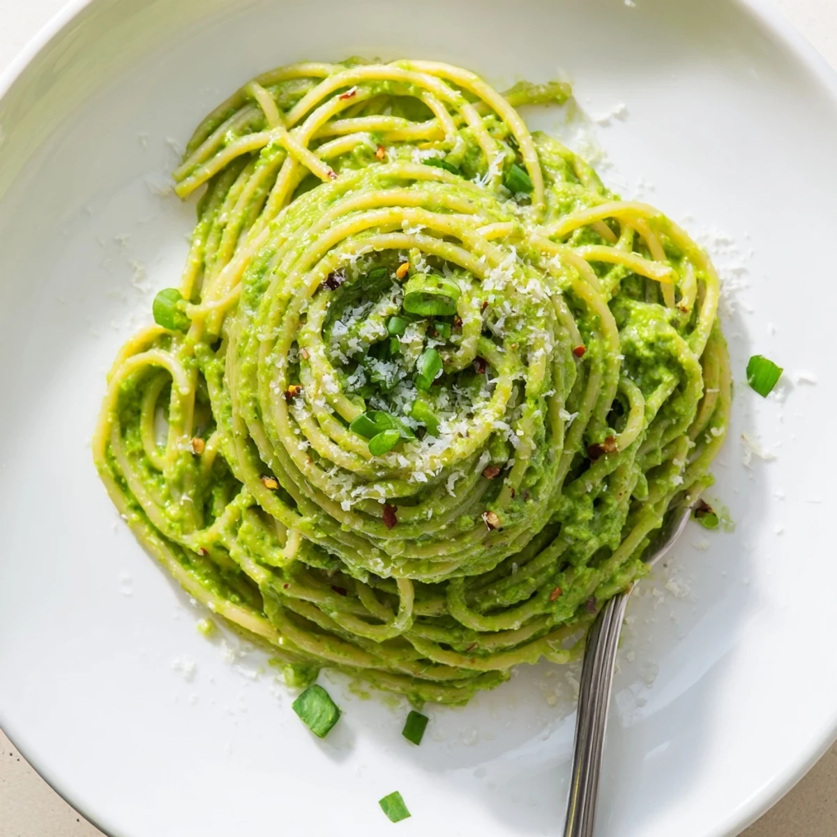 Creamy green goddess pasta sauce clings to tangled strands of spaghetti in a sunlit bowl