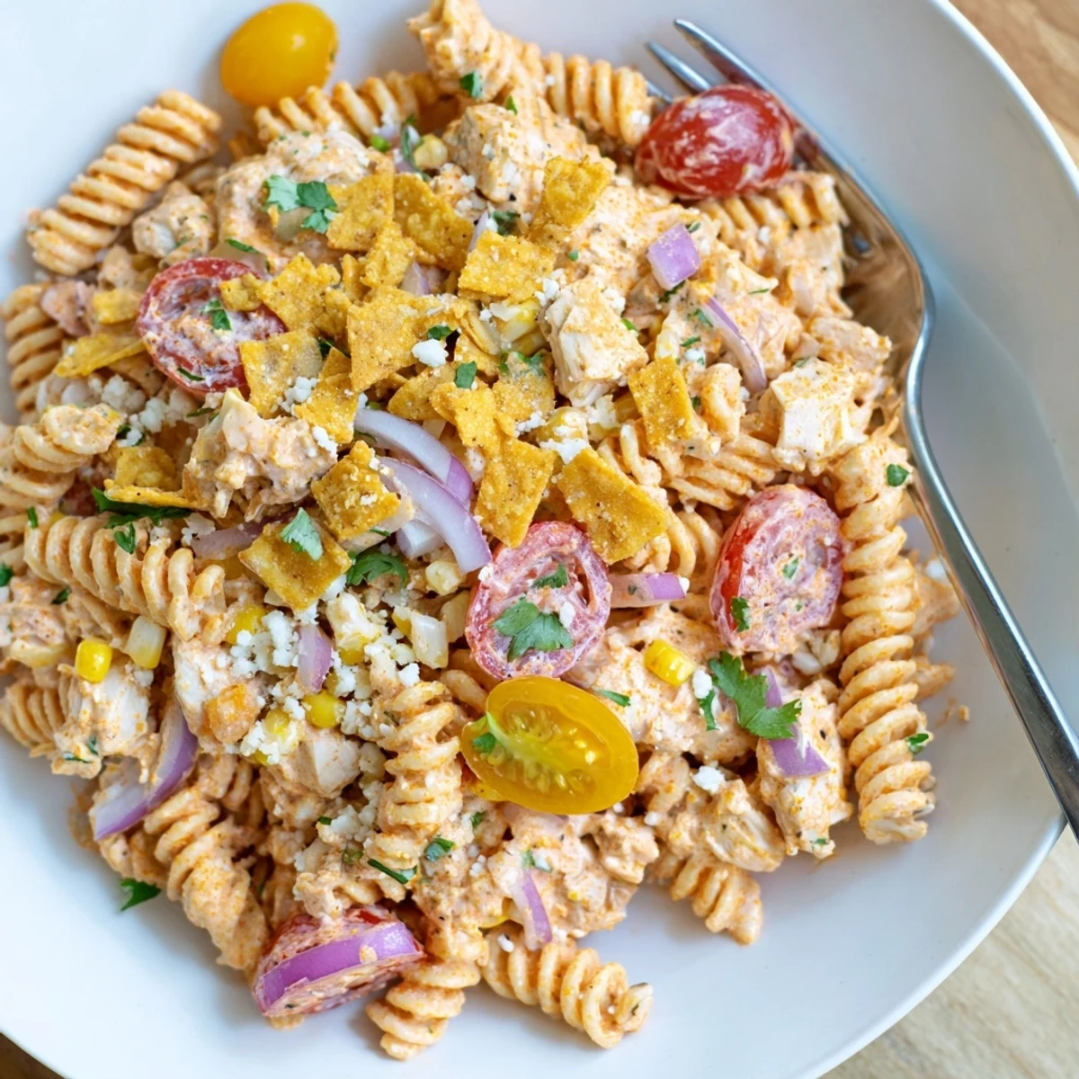 Colorful elote style chicken pasta salad with charred corn and zesty lime dressing