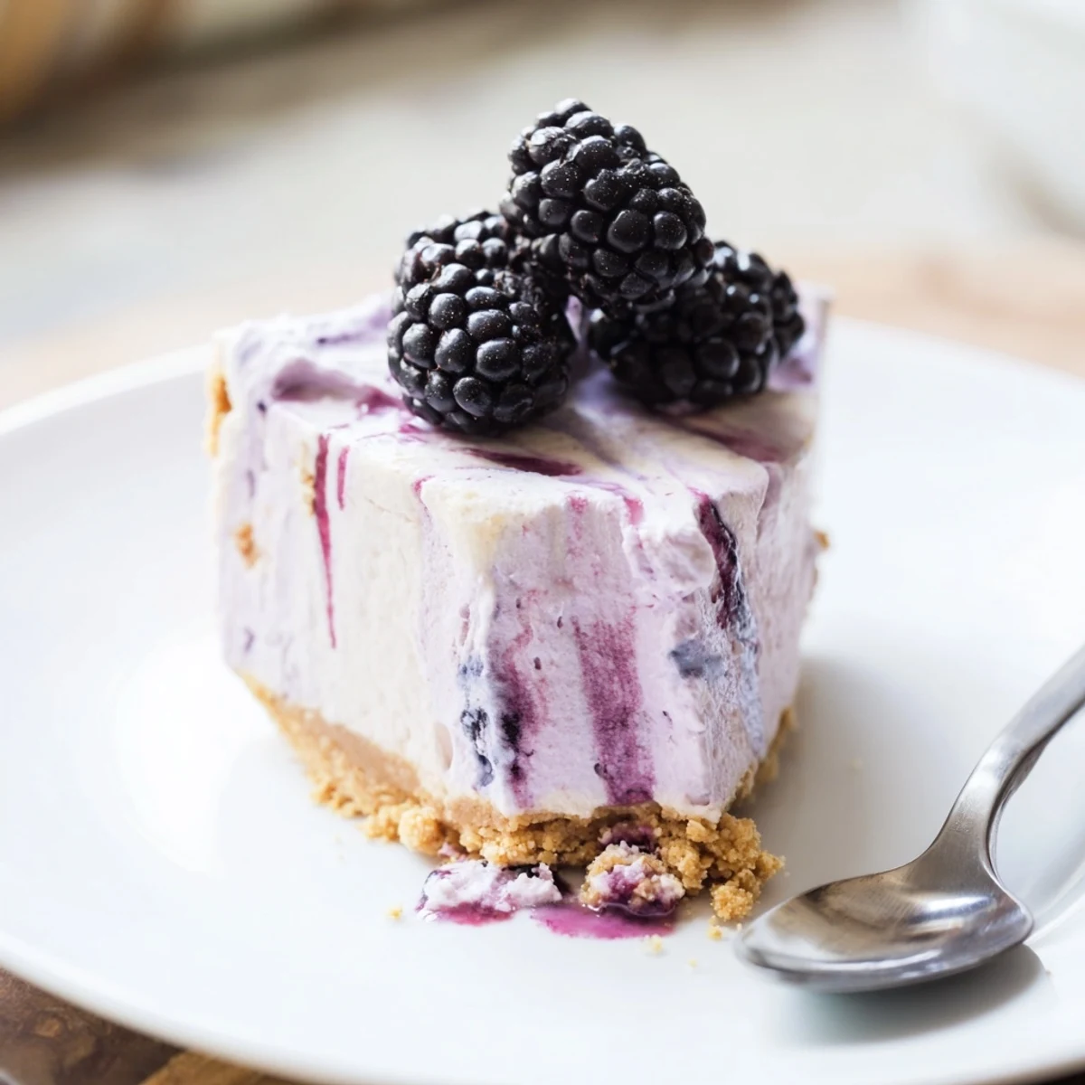 Creamy No Bake Mini Blackberry Lavender Cheesecakes topped with fresh berries and sauce