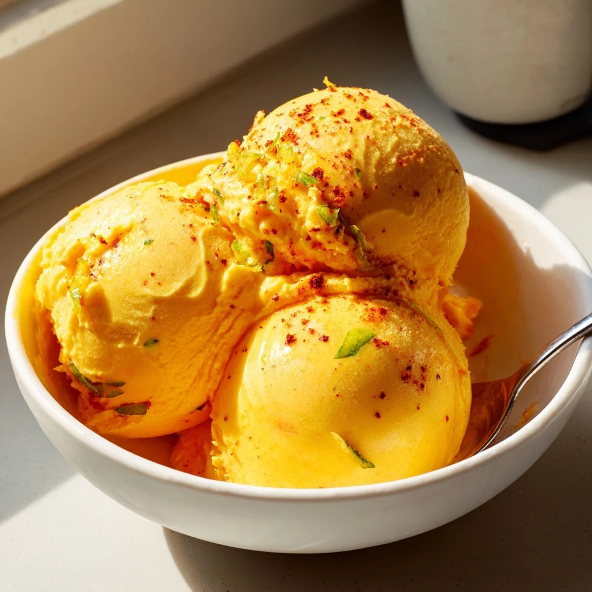 Creamy Chili Lime Mango Sorbet scooped into golden bowls with lime wedges