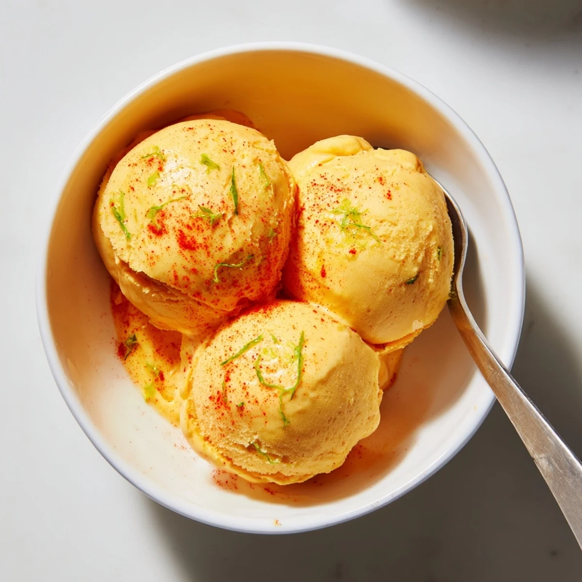 Velvety Creamy Chili Lime Mango Sorbet topped with a dusting of chili powder
