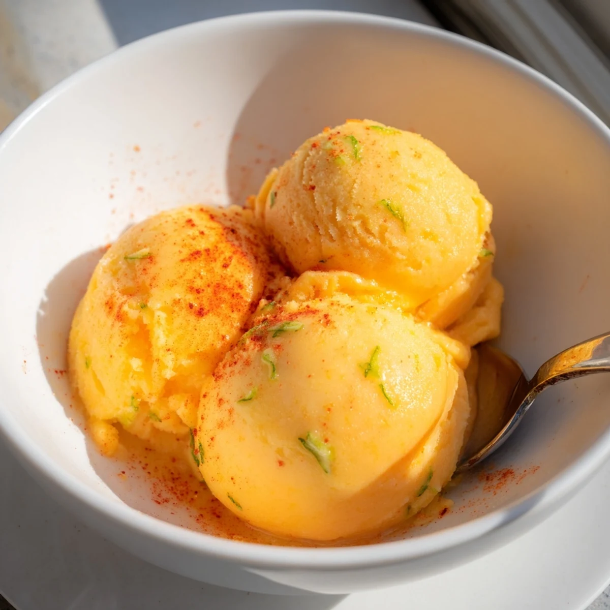 Smooth dairy-free Creamy Chili Lime Mango Sorbet garnished with fresh lime zest
