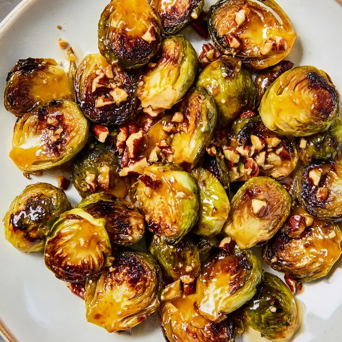 Crispy honey balsamic Brussels sprouts roasted golden with a glossy sweet-tangy glaze