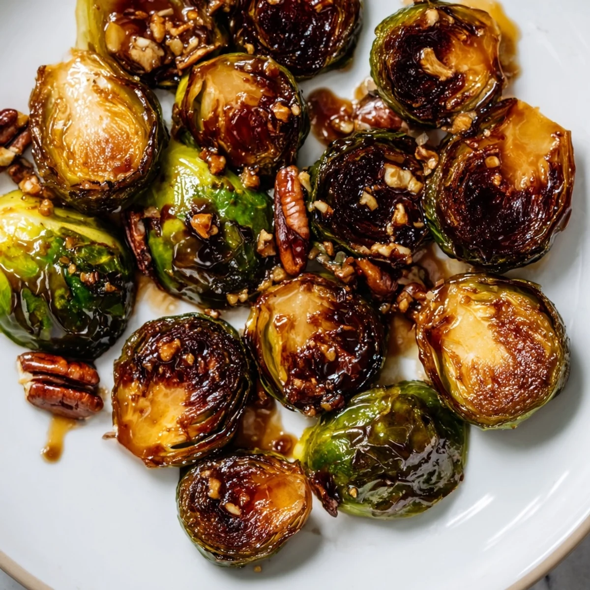 Honey balsamic Brussels sprouts caramelized in the oven and drizzled with sticky glaze