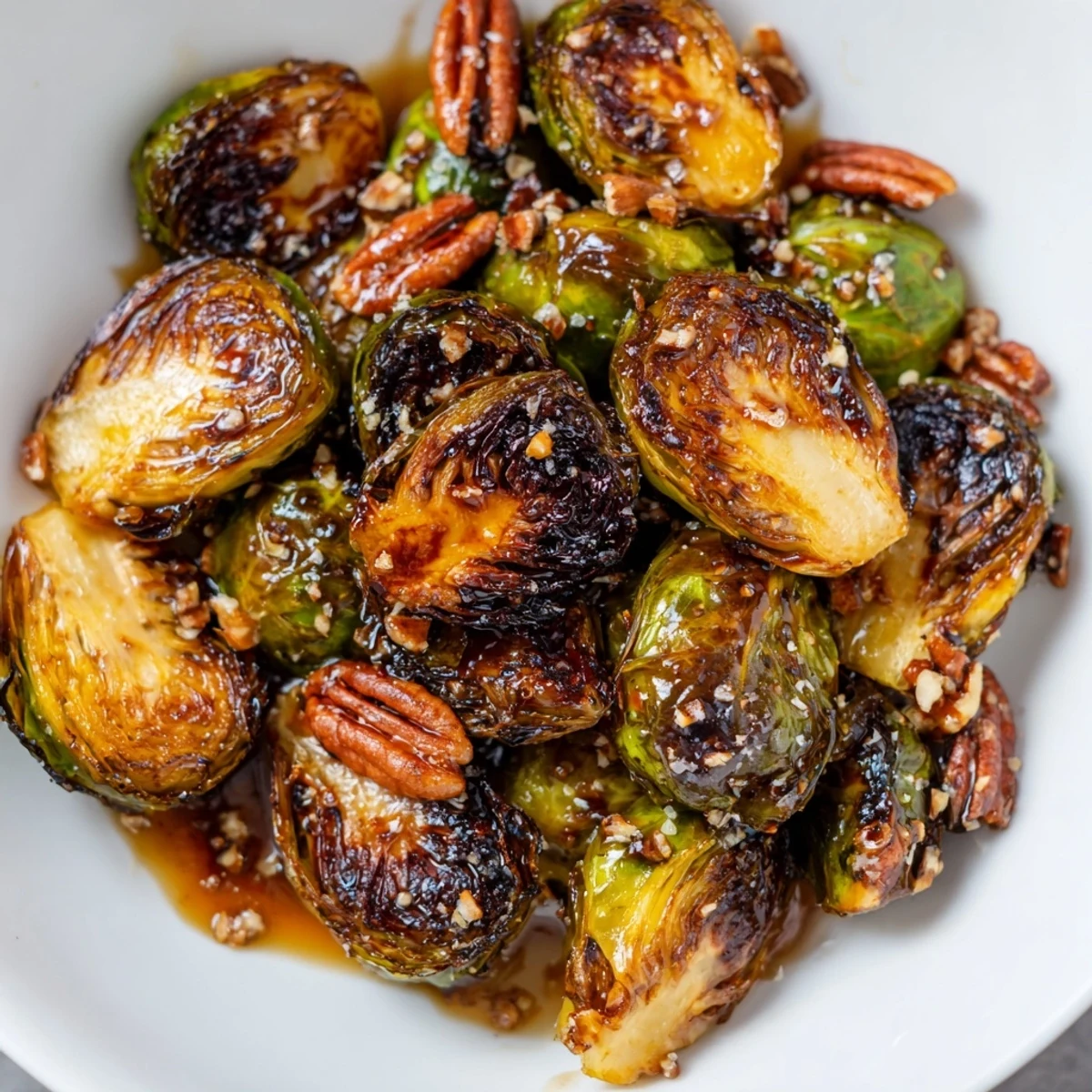 Honey balsamic Brussels sprouts served in a rustic dish garnished with toasted pecans