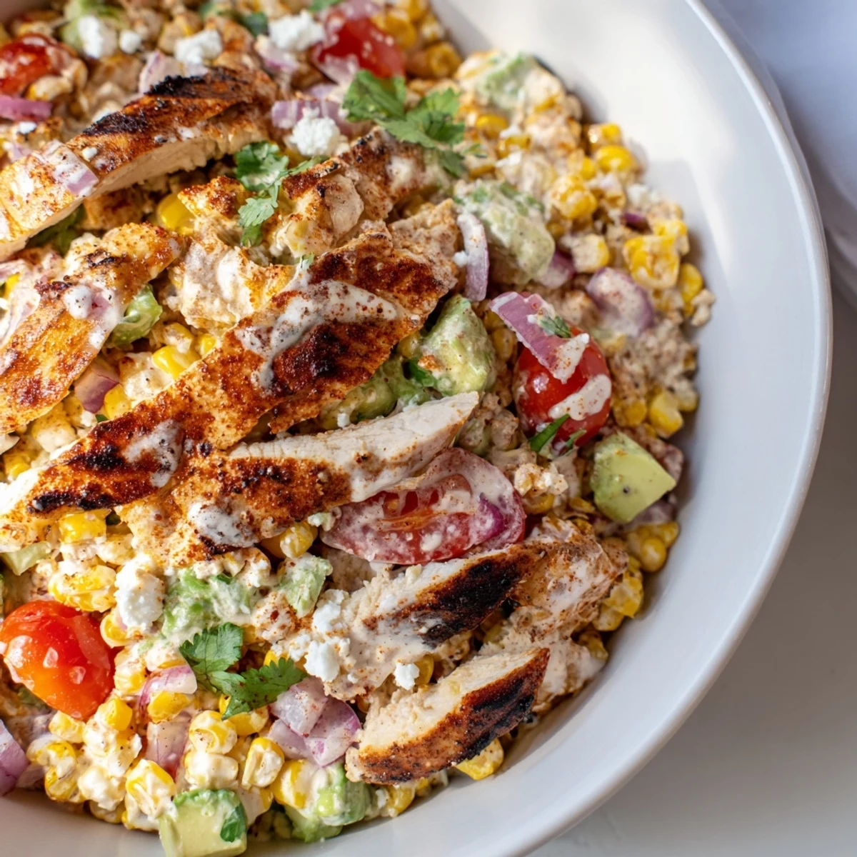 Creamy High Protein Chicken Street Corn Salad topped with grilled chicken and crumbled cotija cheese
