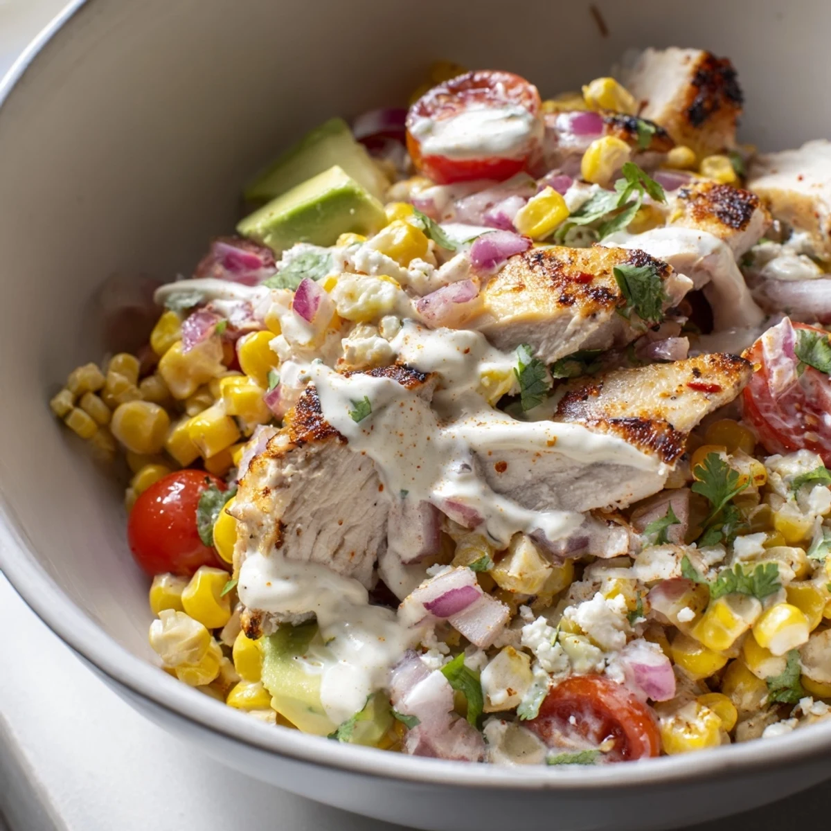 Charred corn kernels and sliced chicken in a vibrant High Protein Chicken Street Corn Salad bowl