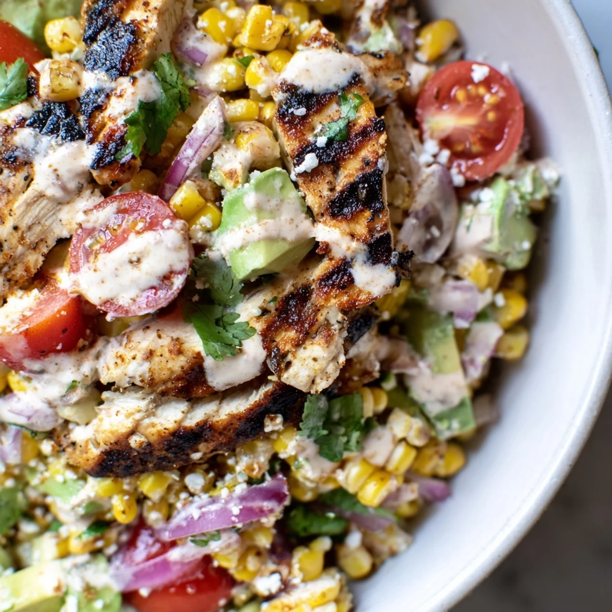 High Protein Chicken Street Corn Salad served fresh with avocado, tomatoes, and tangy lime dressing