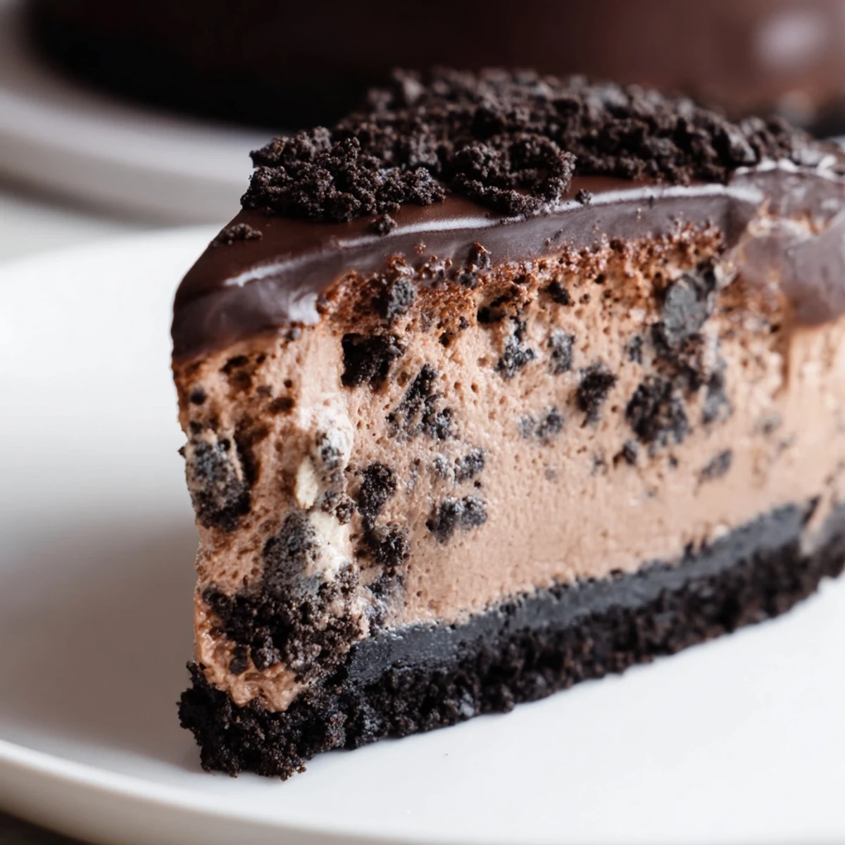 Creamy Oreo chocolate cheesecake sliced and topped with glossy ganache on a dark crust