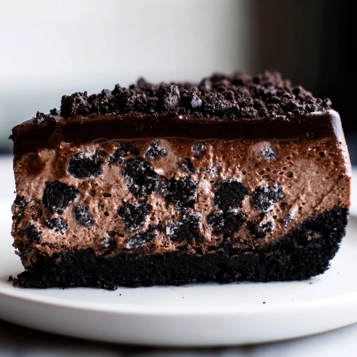 Rich Oreo chocolate cheesecake with a cookie crust drizzled in warm chocolate ganache