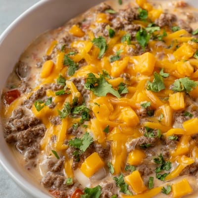 Warm, savory Beef Queso Dip in a ceramic bowl, surrounded by golden tortilla chips and a lime wedge garnish.