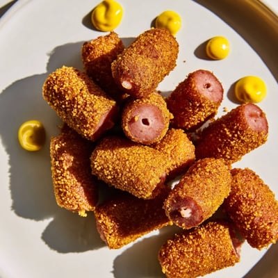 Skewered pieces of Mini Corn Dogs display thick, golden cornmeal batter coating juicy beef franks, perfect for dipping into mustard.