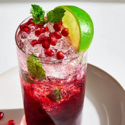 A tall glass of Pomegranate Fizz Mocktail garnished with lime and pomegranate arils, sitting on a chilled coaster.