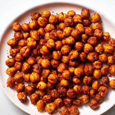 Close-up of crunchy Cajun Spiced Roasted Chickpeas piled in a rustic bowl, seasoned with paprika flecks.